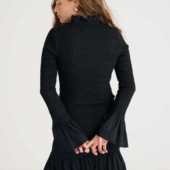 NEW J CREW SMOCKED LG SLEEVE BUTTON UP RUFFLE MINI DRESS black, M - Picture 2 of 16